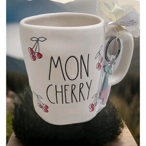 NEW Rae Dunn "MON‎ CHERRY" Cherries 🍒 All Over Coffee Mug With CHERRY Keychain!